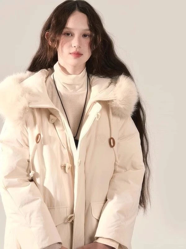 雅鹿冬装冬季新款中长款复古甜美少女感保暖毛领连帽牛角扣高密羽