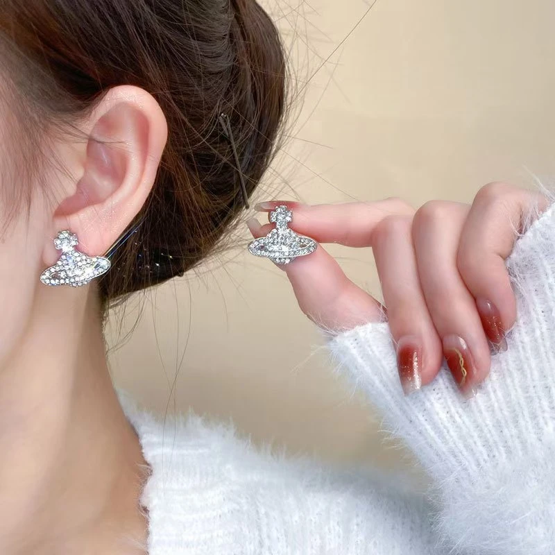 钛钢锆石耳饰 SH7796 满钻星球镂空土星耳钉时尚高级感百搭