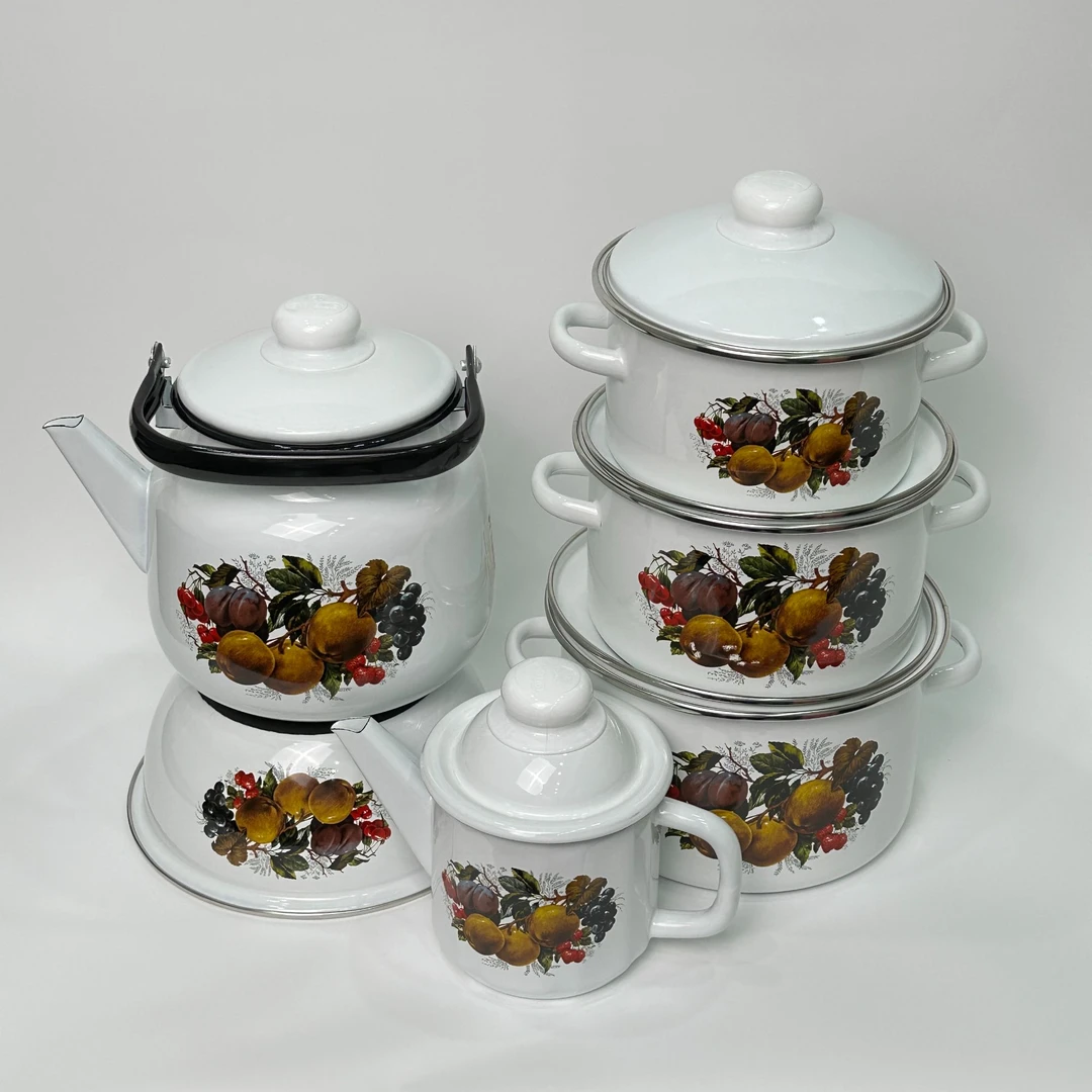 俄罗斯原装进口复古怀旧搪瓷套装 嫁妆六件套 实用带盖家用储物