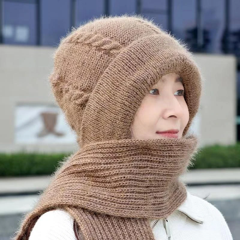 秋冬季加绒毛线帽子女加厚三件一体帽可爱骑车保暖防风雪围脖帽