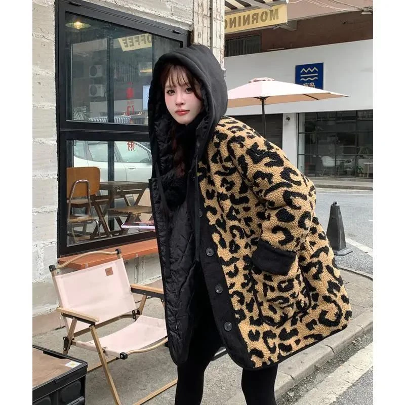 2025新款复古豹纹连帽羊羔毛冬季外套百搭中长款保暖棉衣棉服女