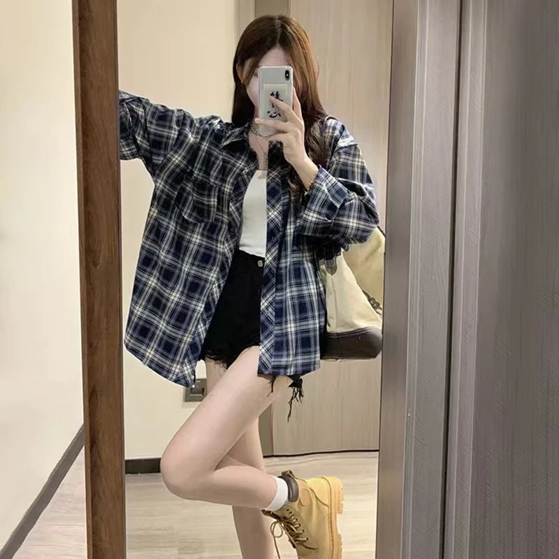 港风复古格子长袖衬衫女2024年新款百搭夏季防晒宽松外套春秋款