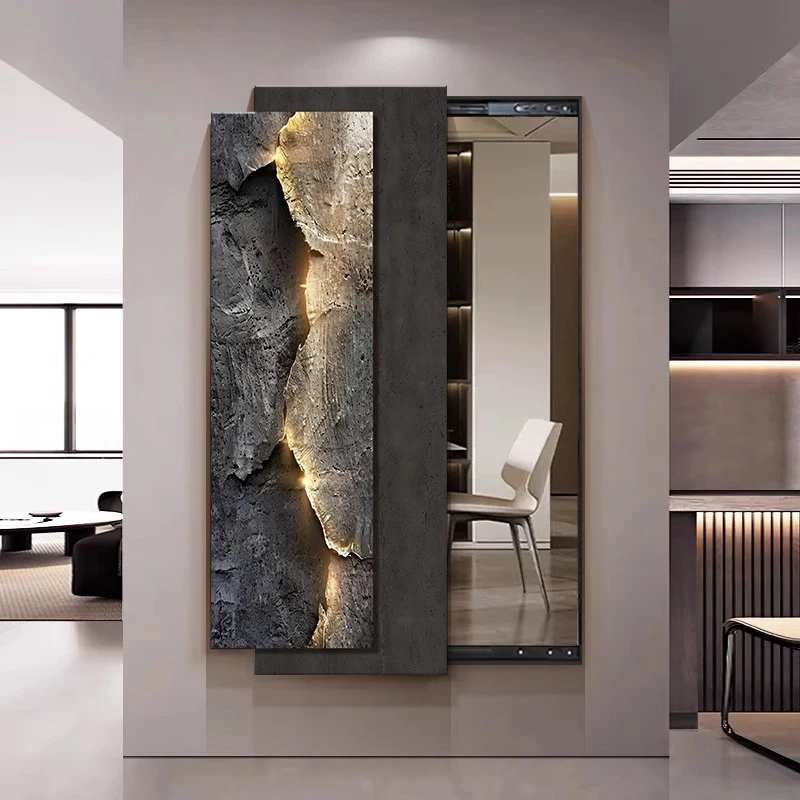 现代轻奢推拉全身镜玄关装饰画可关闭遮挡镜子暗藏隐形穿衣镜壁画