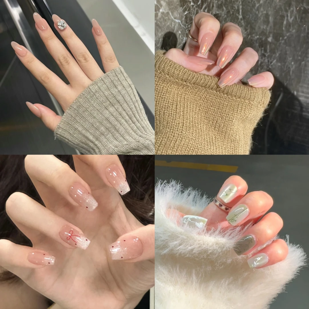 好看气质优雅轻奢指甲贴片圆头中款彩妆可拆卸美甲中长款