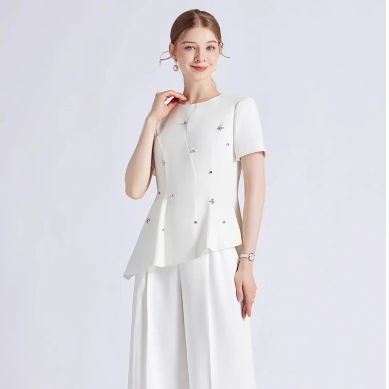 2023夏季新款 时尚饰钻短袖上衣阔腿裤套装 名媛商务主持人两件套