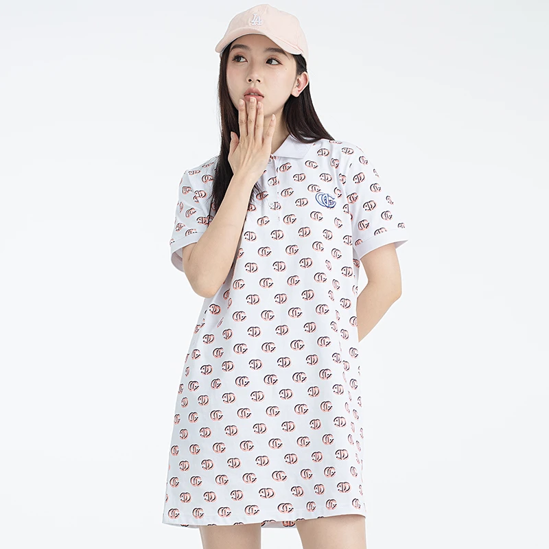 连衣裙女翻领老花满印复古polo衫短袖休闲夏季长款宽松纯棉T恤潮