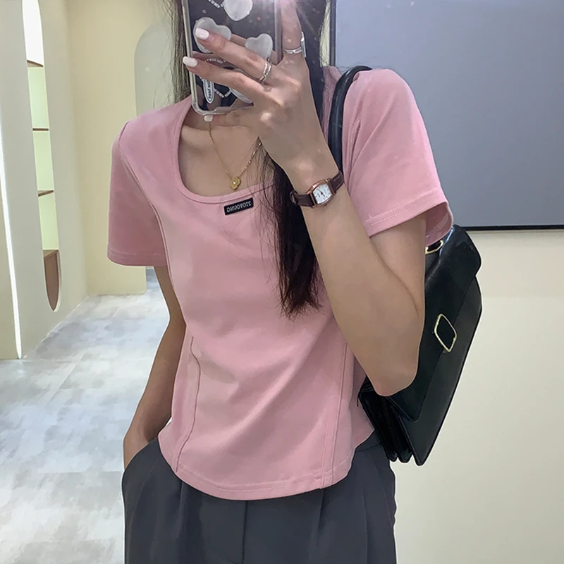 辣妹短款弧形下摆鱼骨方领正肩T恤女美式复古夏季锁骨短袖上衣ins