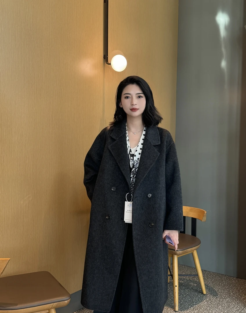 【西西里】2025春款双面绵羊毛大衣女中长款宽松小个子毛呢外套