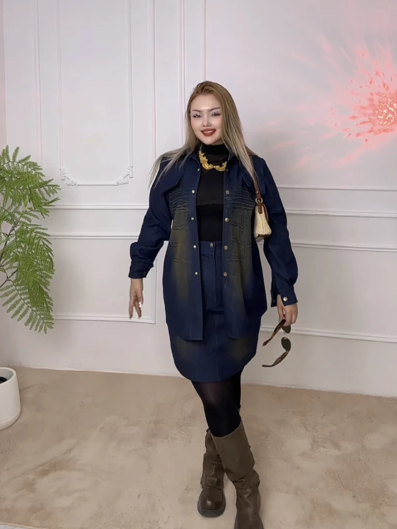 大码女装秋季新款复古牛仔衬衫+半身裙套装胖MM宽松显瘦两件套