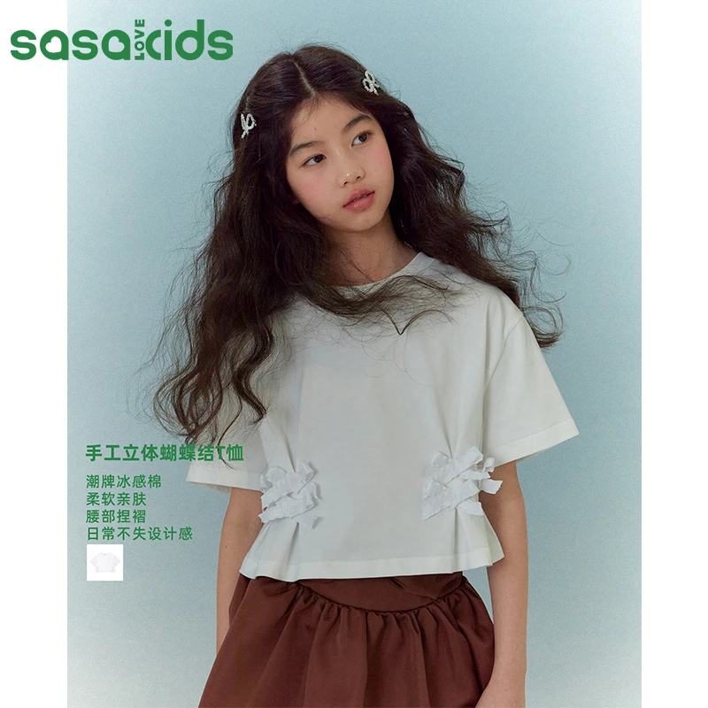 sasakids春夏潮牌冰感棉蝴蝶结压褶休闲设计感短袖T恤女童装