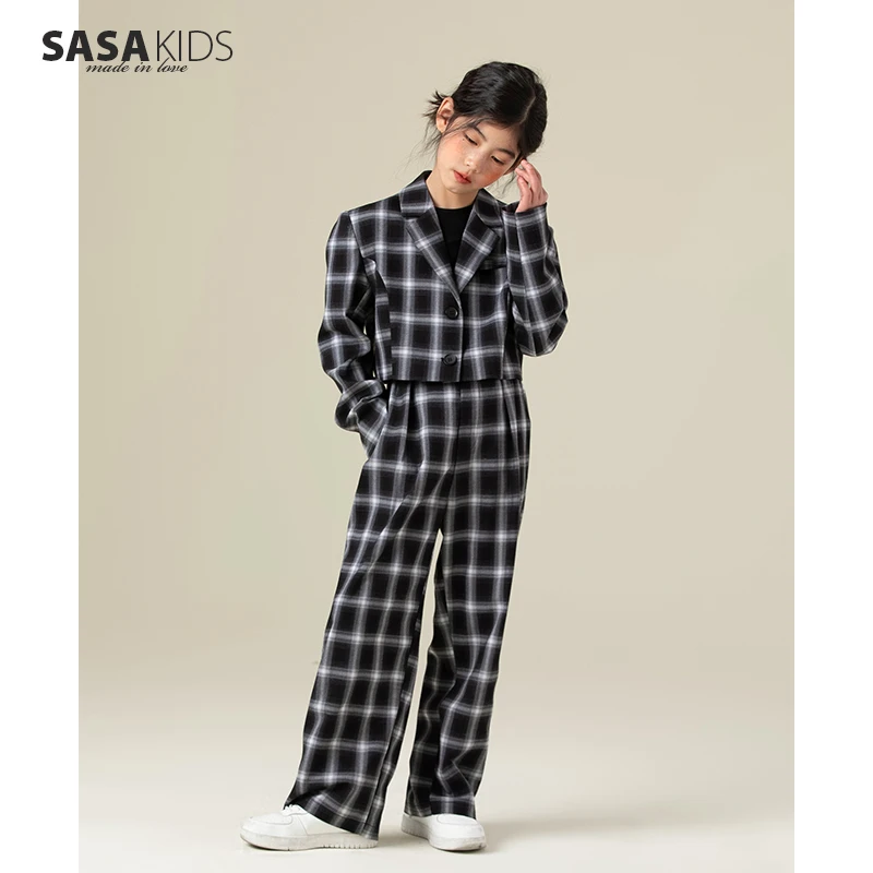 SASAKIDS  短款宽肩修身外套女中大童秋装格纹米白休闲西服