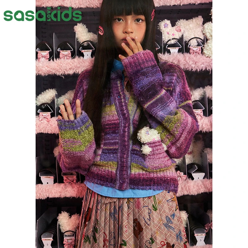 sasakids【No Problem系列】亲肤绒感七彩油画纱毛衣软糯舒适女童装