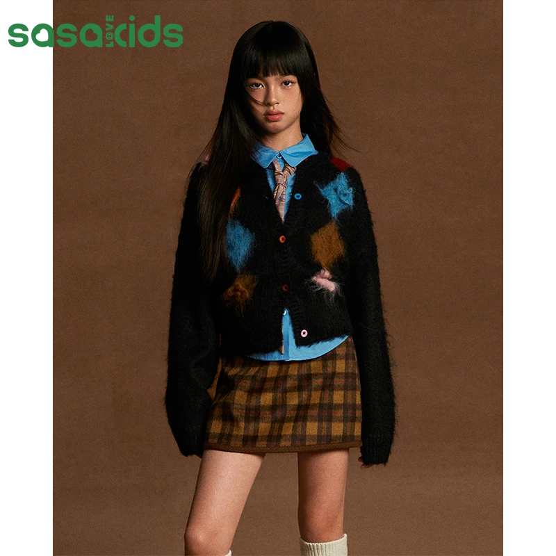 sasakids【No Problem系列】刷毛绒感龙卷风开衫毛衣轻盈保暖女童装