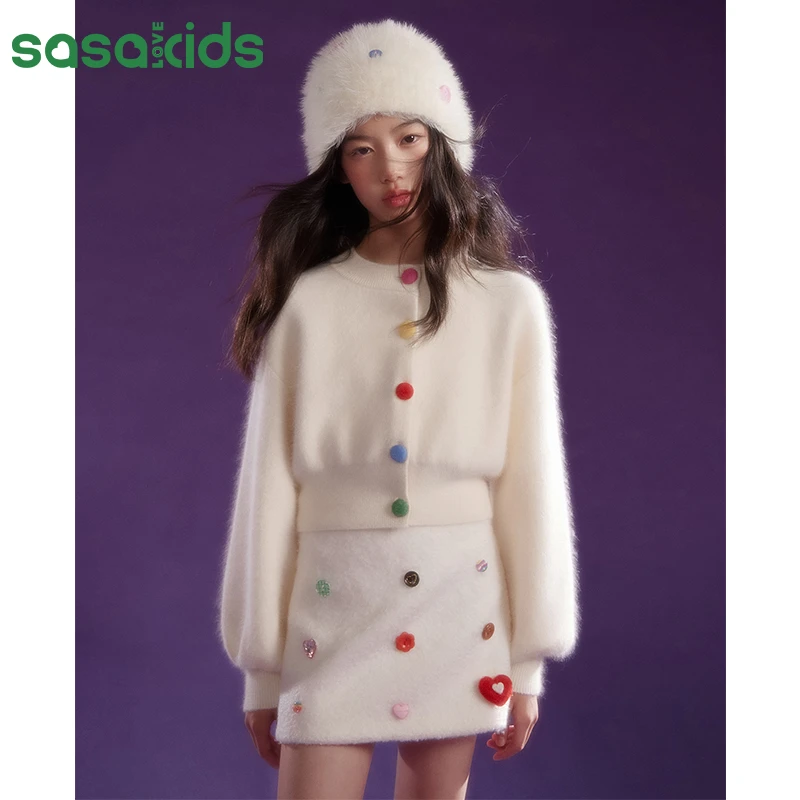 sasakids【彩色系列】彩扣绒绒亲肤休闲灯笼袖开衫外套秋冬女童装