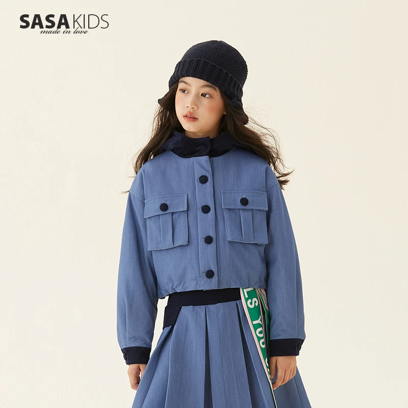 SASAKIDS TR仿牛仔夹棉女童秋冬款外套撞色夹克（软糯不臃肿）