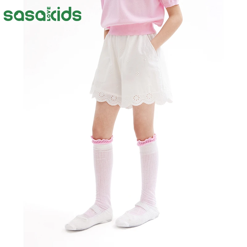 sasakids夏季宽松镂空花朵A字短裤