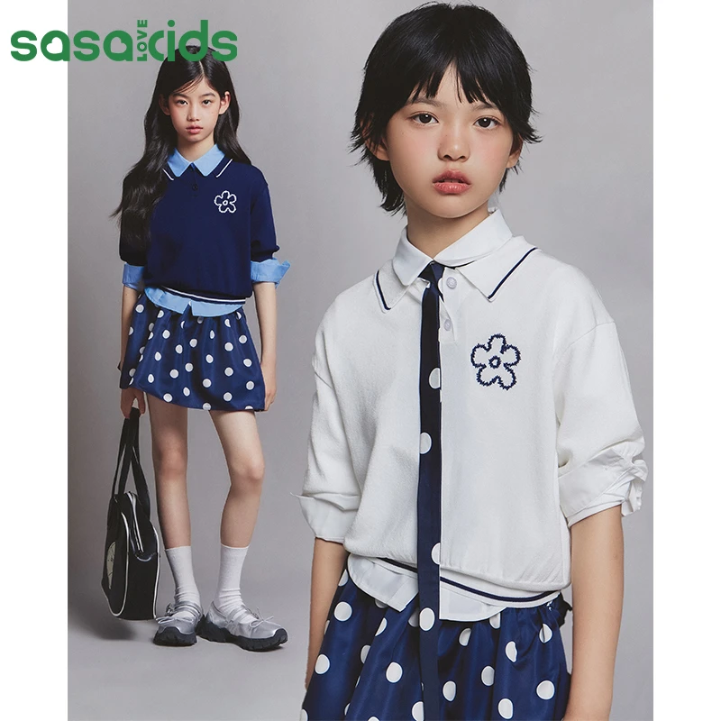 sasakids夏季新款亲肤冰丝韩系经典撞色学院风仿手绣polo衫女童