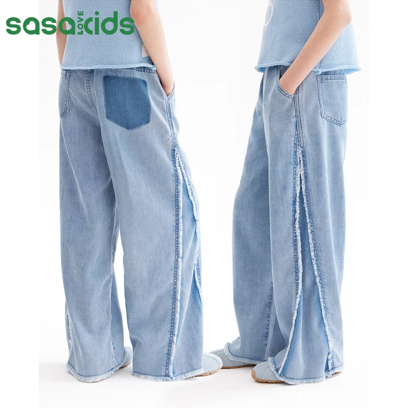 sasakids撞色后袋个性侧边毛边宽松莱赛尔牛仔裤女童裤子