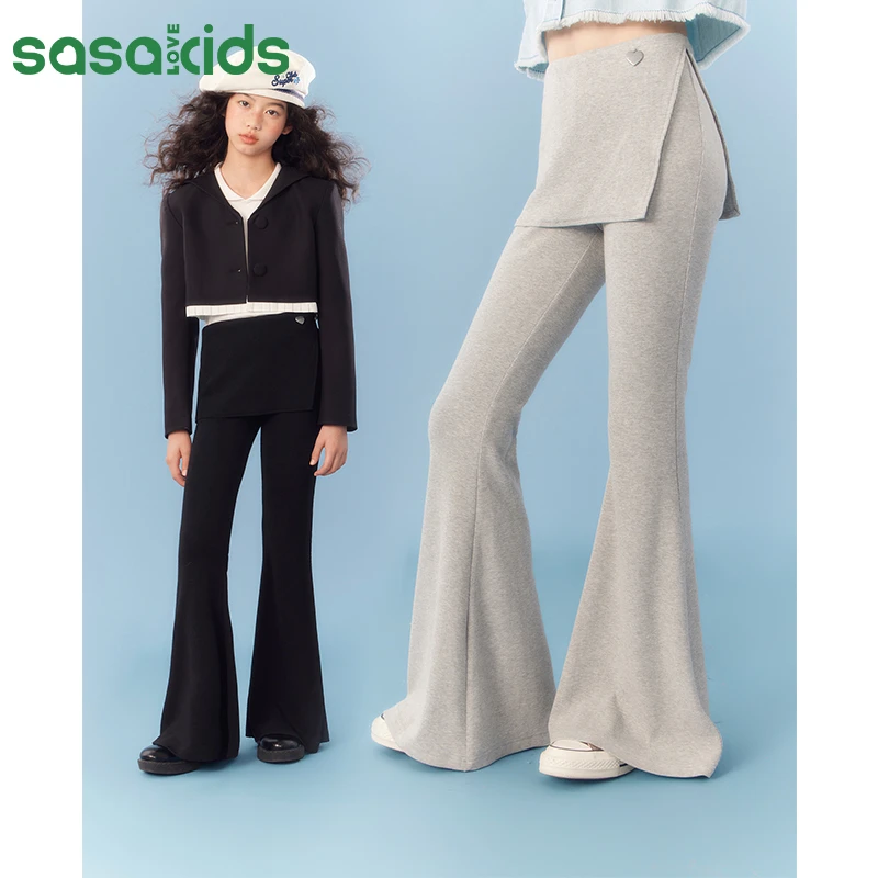 sasakids【少女航海家】优可丝罗纹高弹亲肤开衩假两件喇叭女童裤子