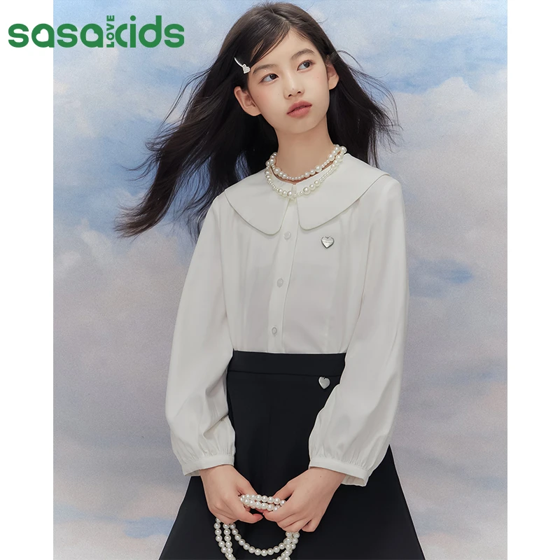 sasakids【珍珠系列】轻盈抗皱高端丝绒垂感日系大翻领白衬衫中大童