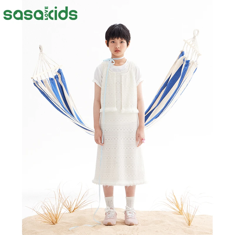 sasakids夏季清凉针织无袖蕾丝开衫背心休闲轻薄小马甲女童