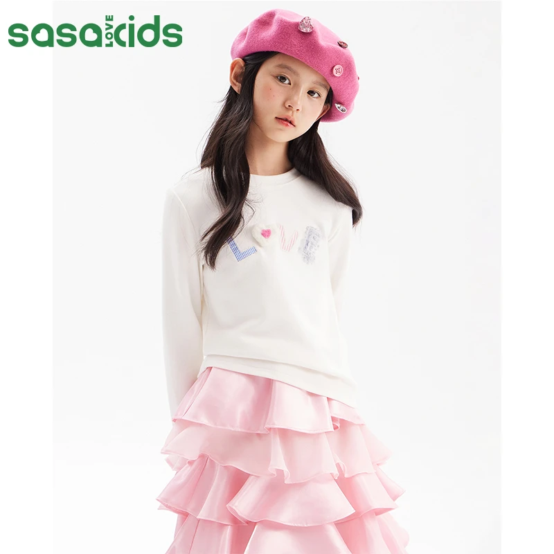 sasakids【彩色系列】舒绒双面立体贴布绣休闲长袖T恤打底女童装