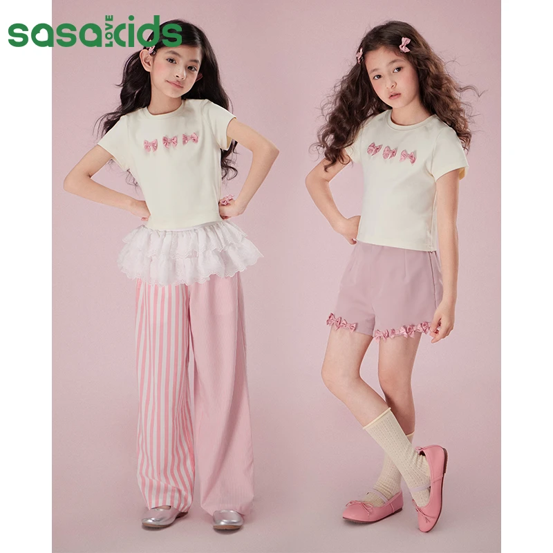sasakids女童夏季简柔棉粉色撞色蝴蝶结修身短袖时尚薄款百搭T恤