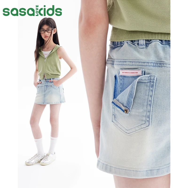 sasakids 复古洗水色牛仔短裙半身裙A字夏季裙裤