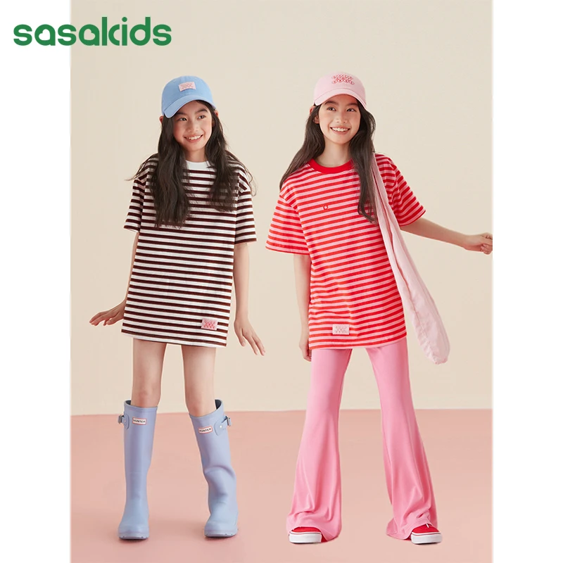 sasakids21S棉平纹经典条纹宽松绣花短袖T恤女半袖（经典条纹）