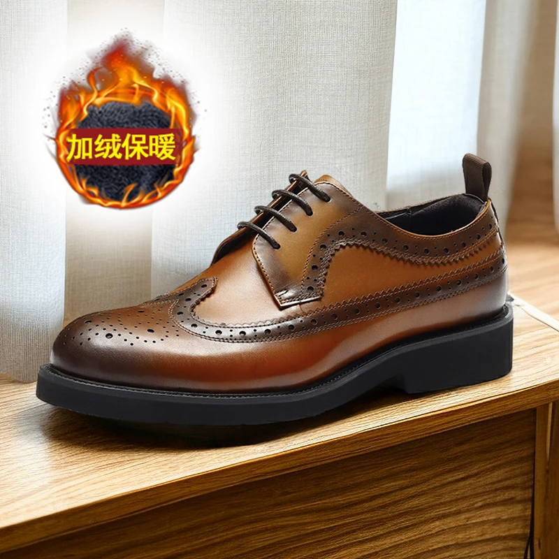 清仓处理捡漏网红皮鞋加绒布洛克雕花商务皮鞋厚底休闲正装男鞋