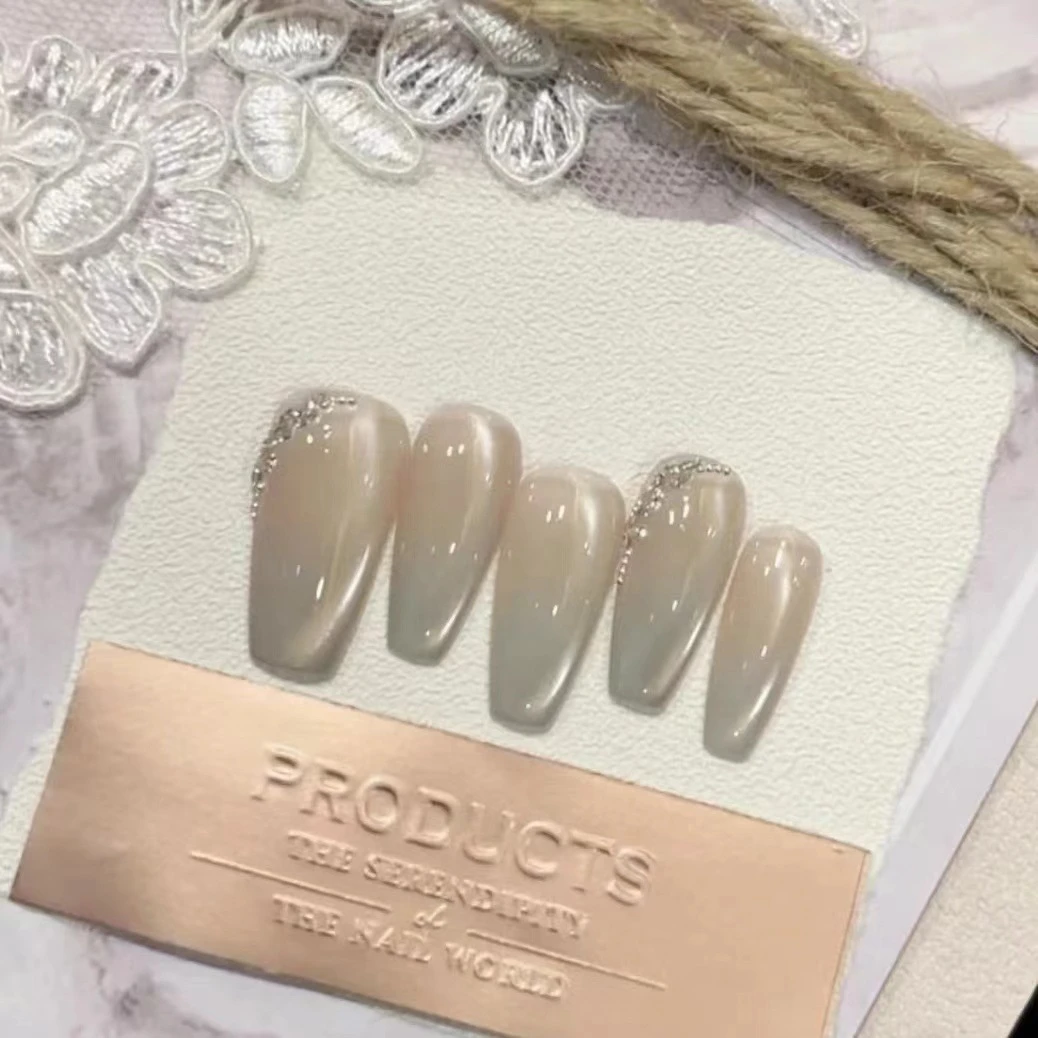 【只此青绿】纯手工穿戴甲法式猫眼美甲可拆卸指甲气质显白裸色锆石