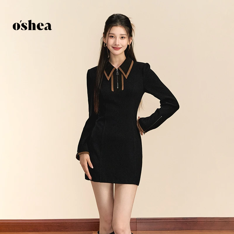 oshea【官方专享】法式千金风黑色连衣裙女秋季撞色显瘦针织裙子