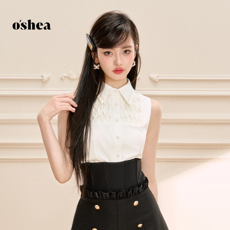 oshea【官方专享】无袖白色衬衫2024钉珠设计感法式独特别致小上衣