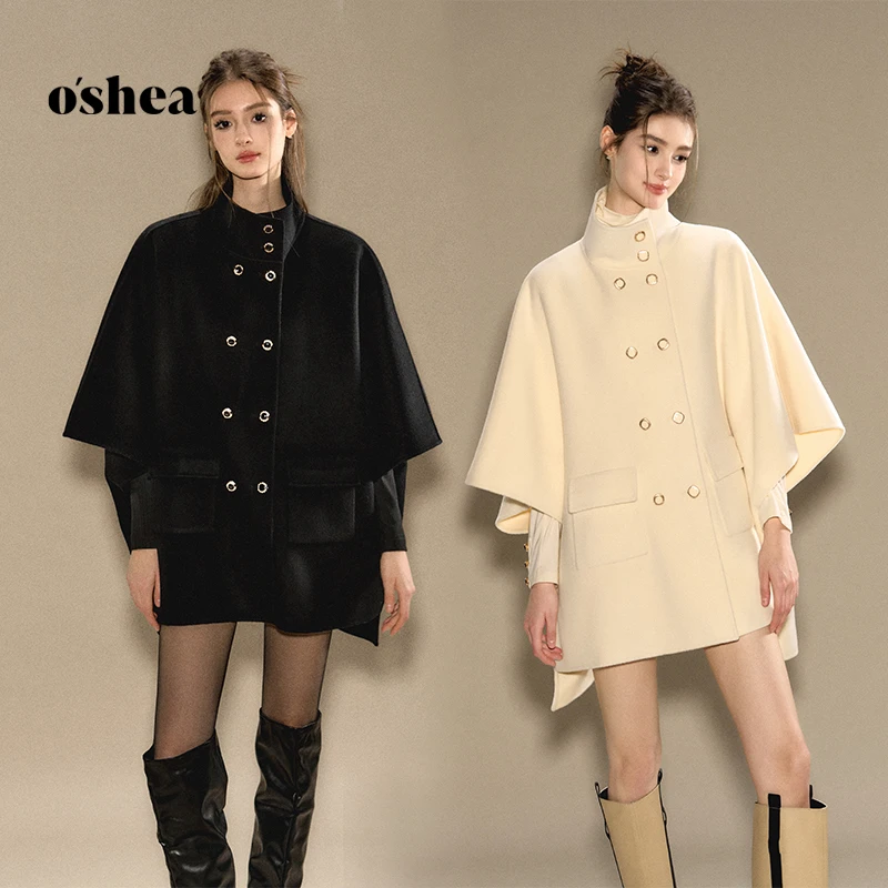 oshea【官方专享】黑色双面毛呢斗篷大衣2023冬时尚保暖外套