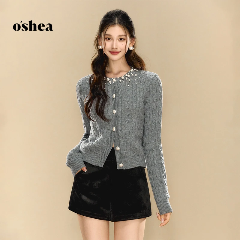 oshea 【官方专享】千金风黑色毛针织衫冬季保暖重工钉珠上衣