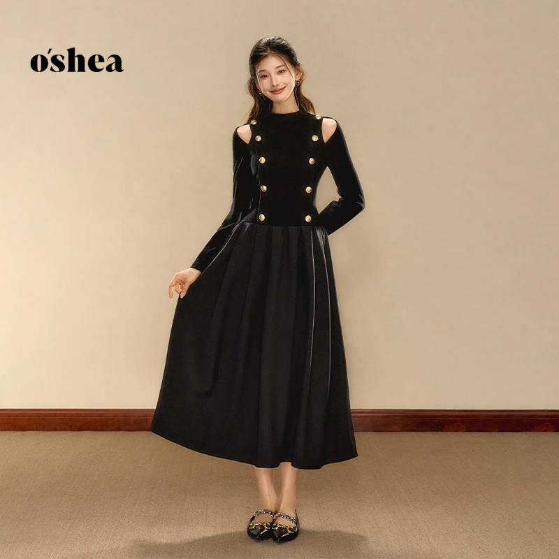 oshea【官方专享】 针织镂空黑色长裙女冬季亲肤修饰比例显瘦裙子