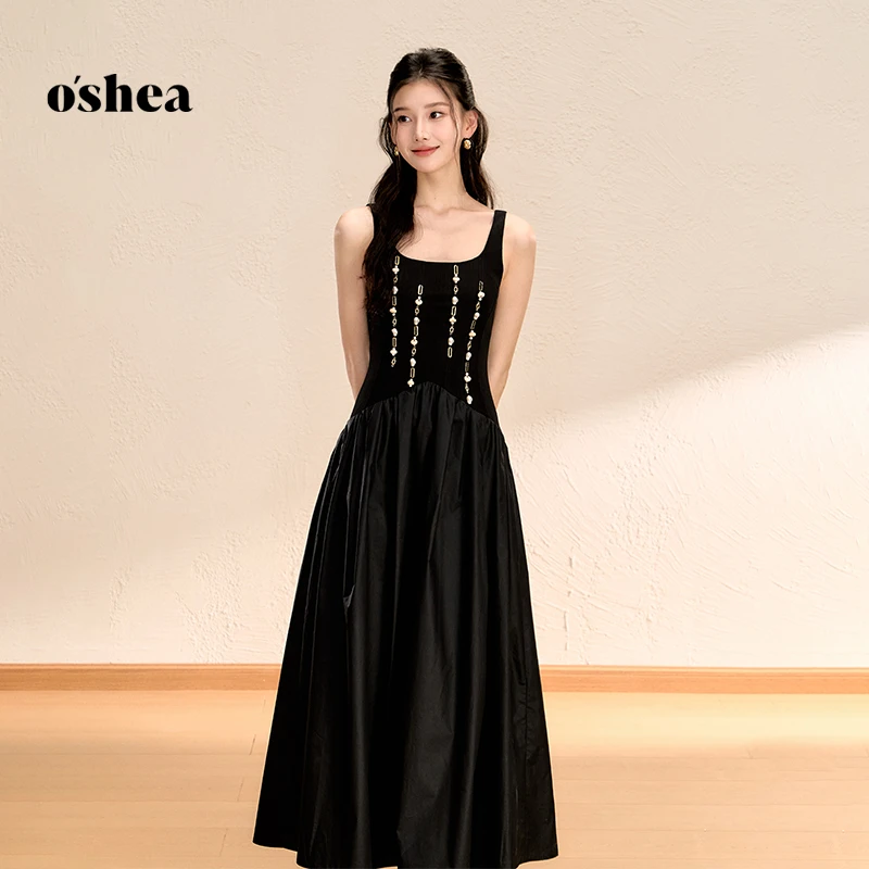 oshea 【官方专享】法式复古吊带连衣裙女重工显瘦赫本小黑裙长裙
