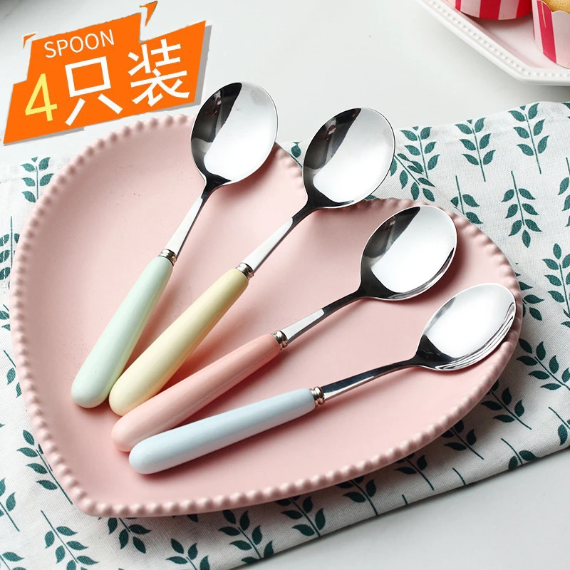 加厚不锈钢陶瓷柄马卡龙色系汤勺创意家用勺子可爱长柄调羹吃饭勺