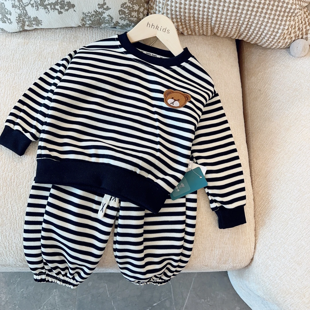 （秋天家）儿童春秋款条纹小熊套装男女童打底衫衣服卫衣裤子两件套