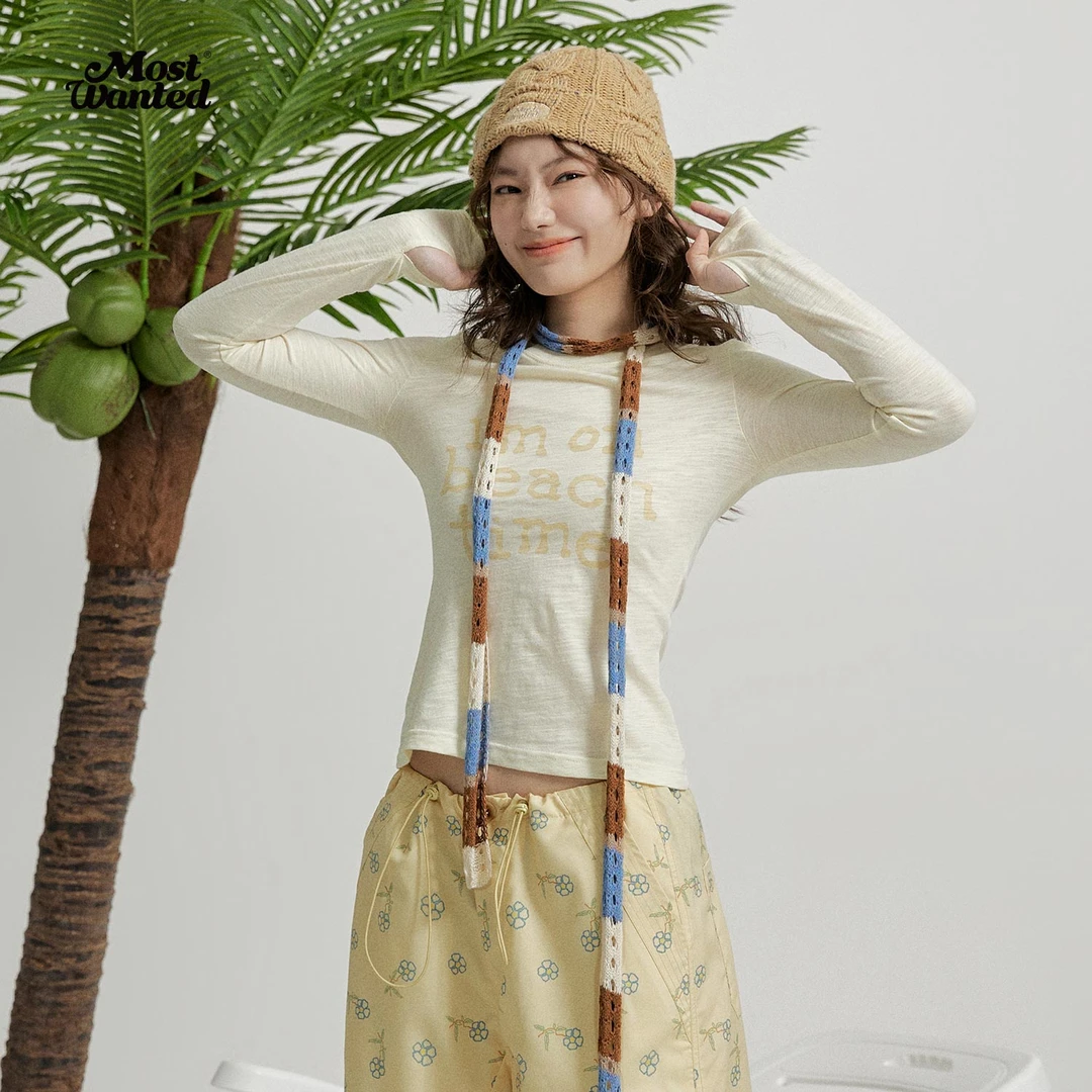 MOSTWANTEDLAB海滩标语竹节纹打底衫短款修身上衣M2412106