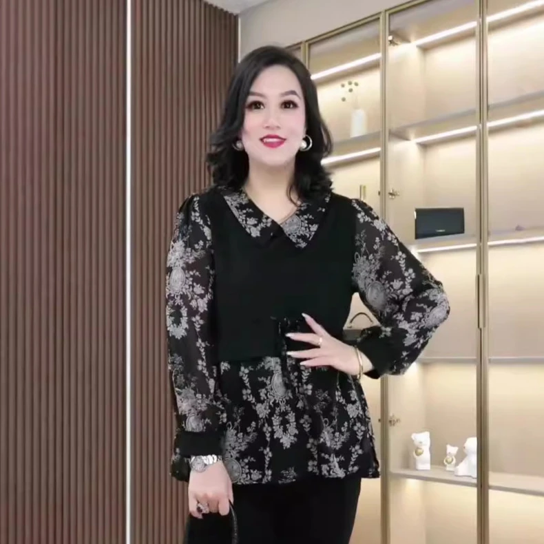 秋季直播爆款小翻领碎花显瘦雪纺假两件套拼接衬衫胖中年妈妈女