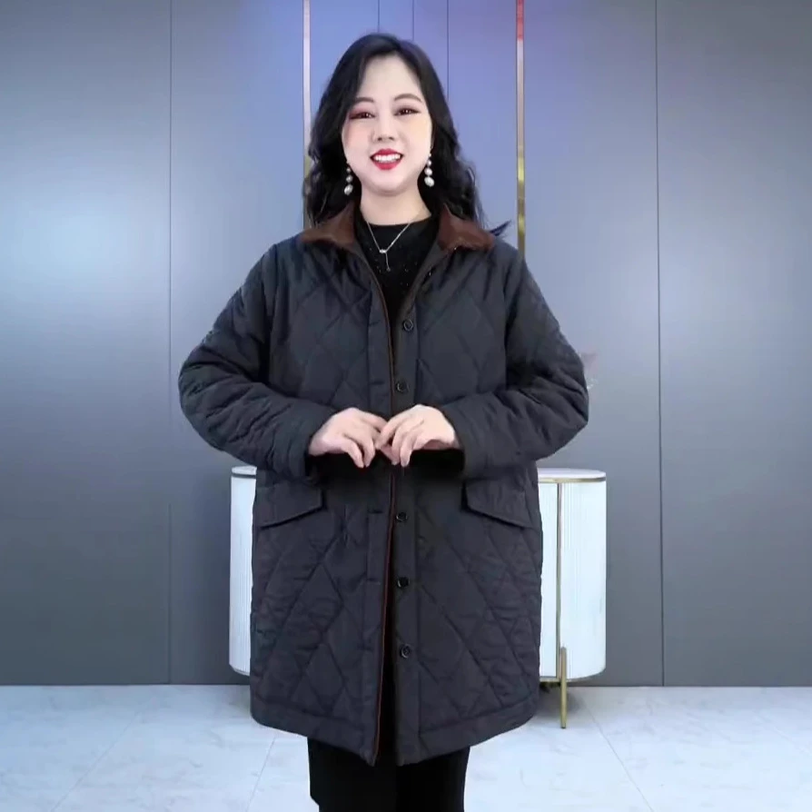 秋冬新款撞色加厚保暖开衫加大码宽松棉服外套胖子妈妈中老年女装