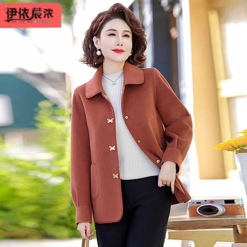 中年女装短款翻领外套2024春秋新款妈妈装暗扣款纯色上衣女高品质