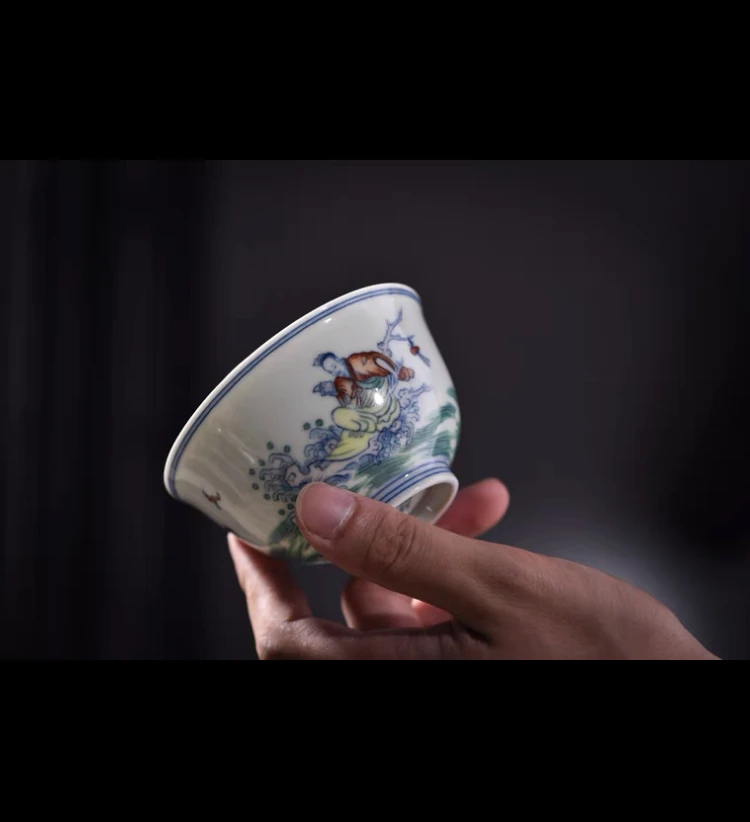 【斗彩张骞乘槎杯】 涂杏花 手绘 茶杯 瓷器 茶叶 主人杯