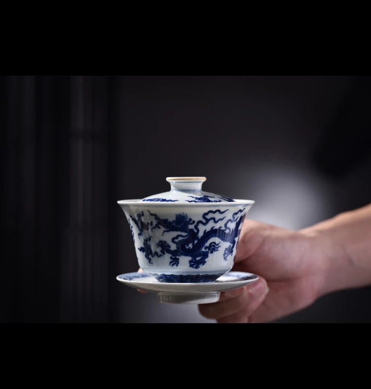 【青花龙凤呈祥盖碗】 涂杏花 手绘 瓷器 茶叶