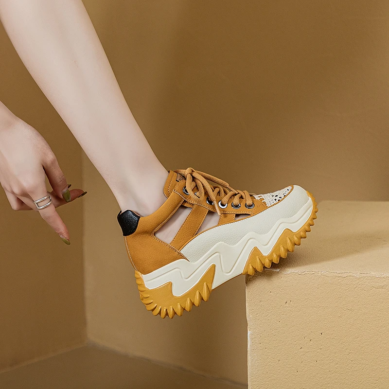 2023夏季高帮老爹鞋帮面缕空休闲厚底百搭时尚纯色女鞋优雅透气