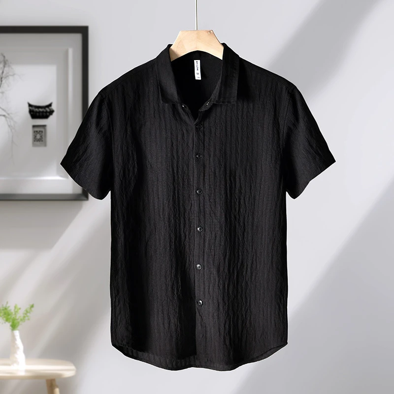 夏季薄款黑色短袖衬衫男高级感复古压邹条纹老钱风休闲衬衣帅气潮