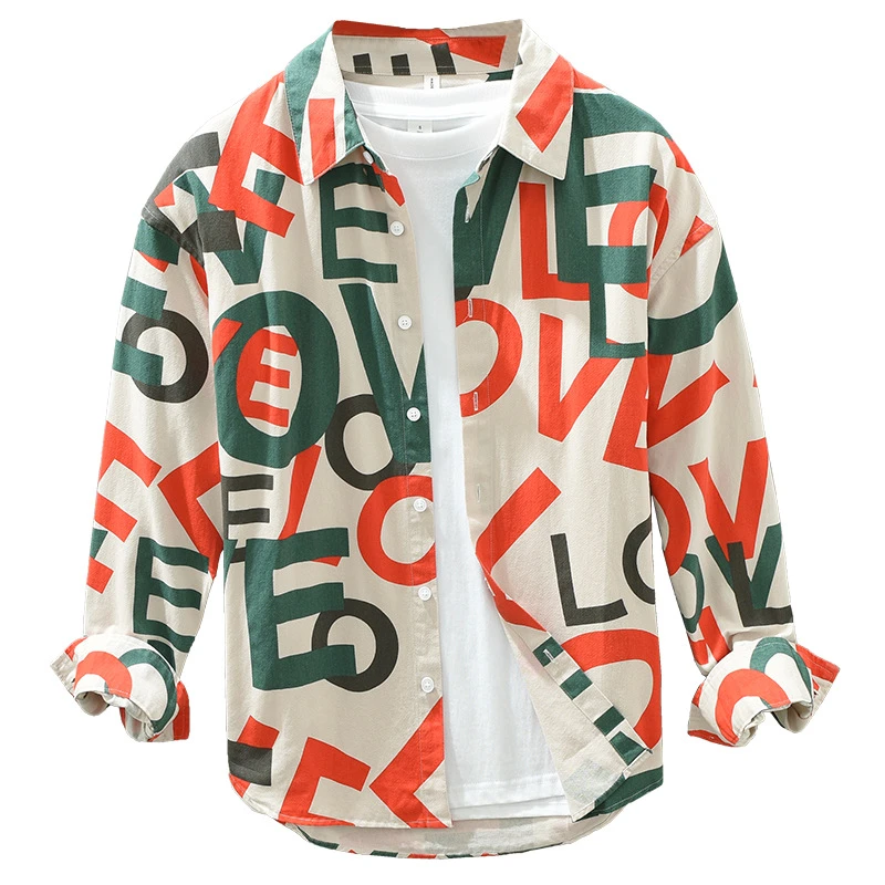 洋气春秋款男士纯棉长袖衬衫字母印花潮牌帅气宽松休闲衬衣外套男