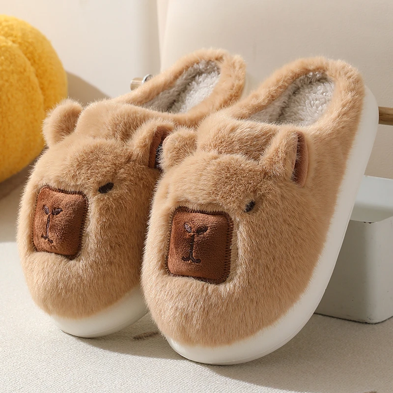 卡皮巴拉保暖棉拖鞋女毛毛绒可爱秋冬季月子鞋情侣居家防滑棉拖鞋