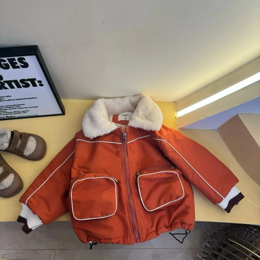 儿童冬季加绒加棉外套男童加厚棉衣小童洋气炸街潮牌棉袄夹克上衣